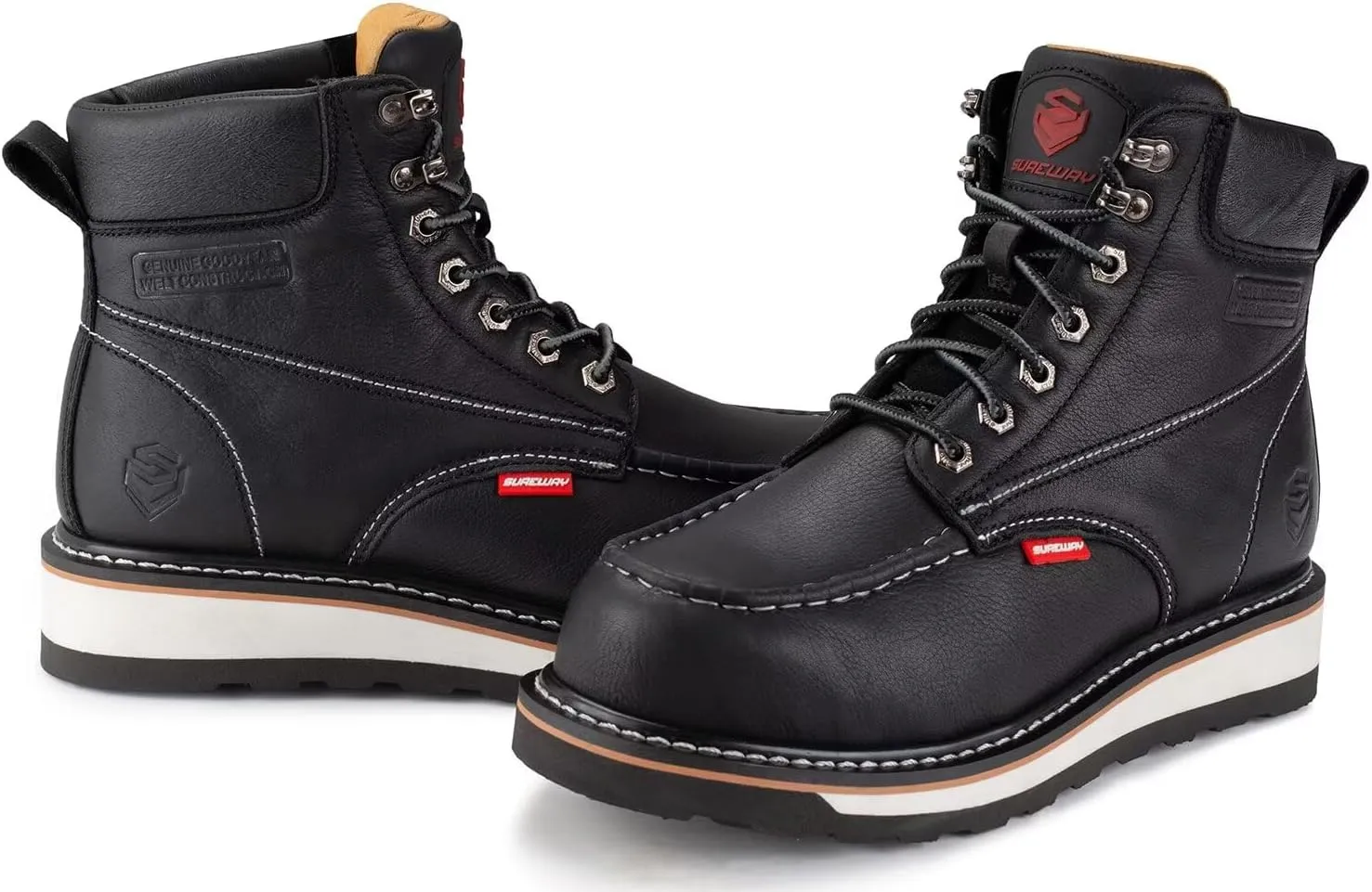 SUREWAY 6” Mens Heavy Duty Steel/Composite/Soft Toe Work Boots for Men,Comfortable & Durable,Goodyear Welt,Full Grain Leather,Oil/Slip Resistant,Wedge Moc Toe Industrial Construction Boots/Shoes