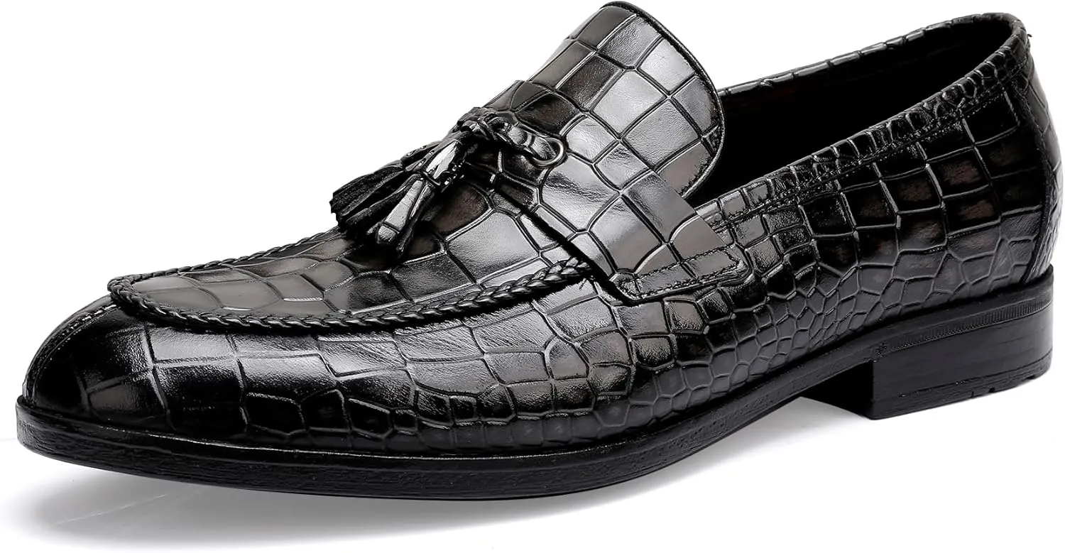 Tassels Loafers for Men, Premium Leather Crocodile Pattern Dress Shoes Slip on Loafers