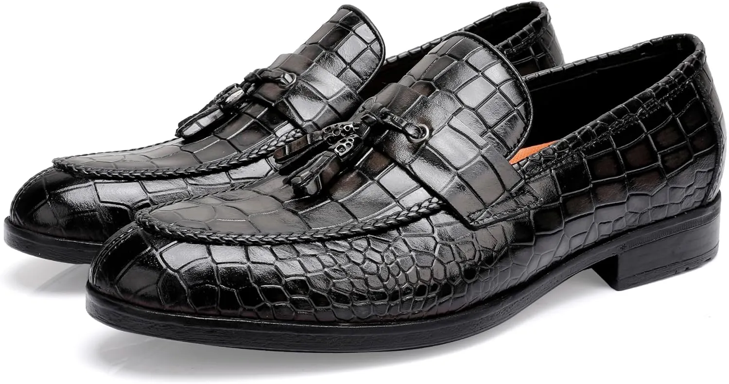 Tassels Loafers for Men, Premium Leather Crocodile Pattern Dress Shoes Slip on Loafers