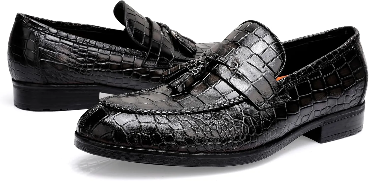 Tassels Loafers for Men, Premium Leather Crocodile Pattern Dress Shoes Slip on Loafers