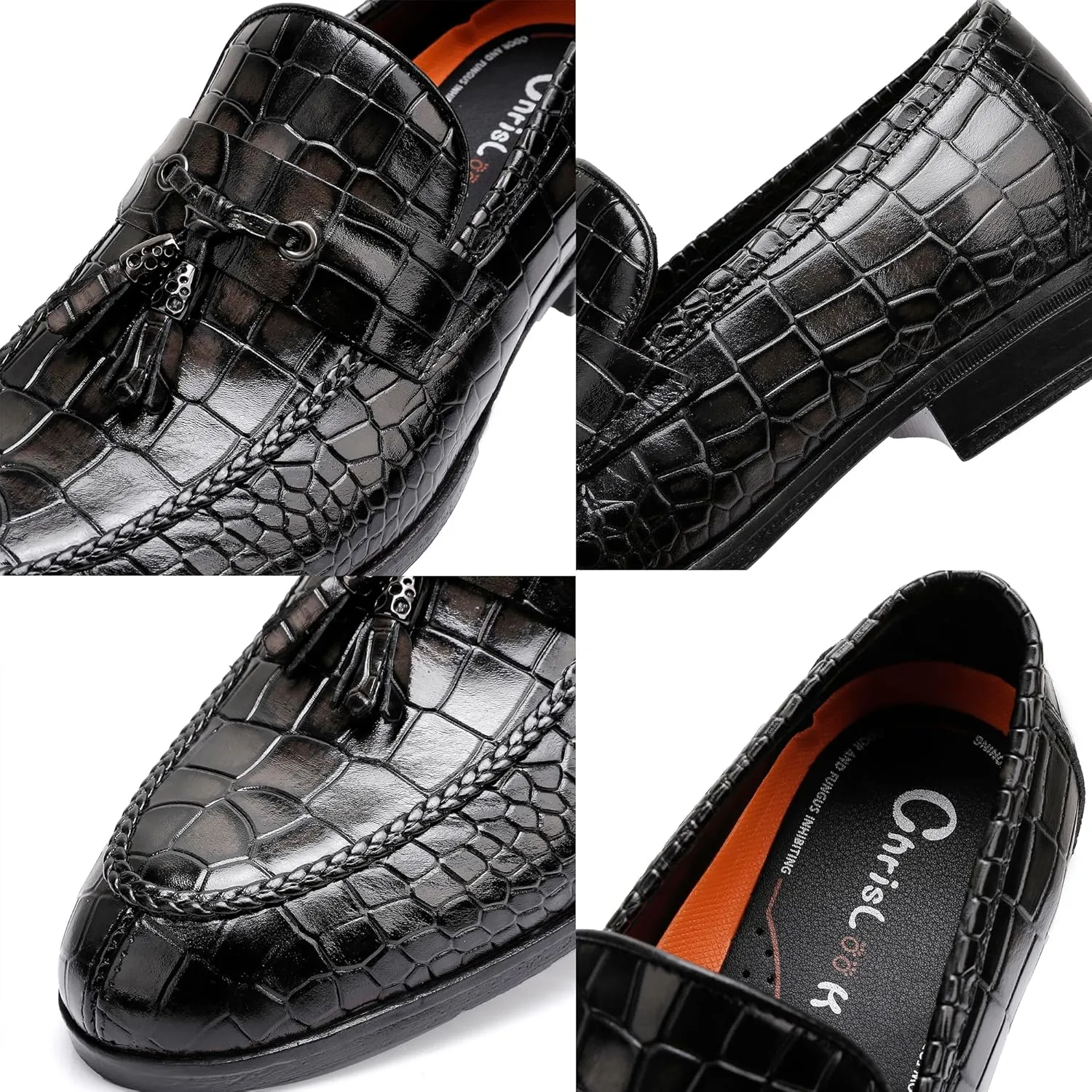 Tassels Loafers for Men, Premium Leather Crocodile Pattern Dress Shoes Slip on Loafers
