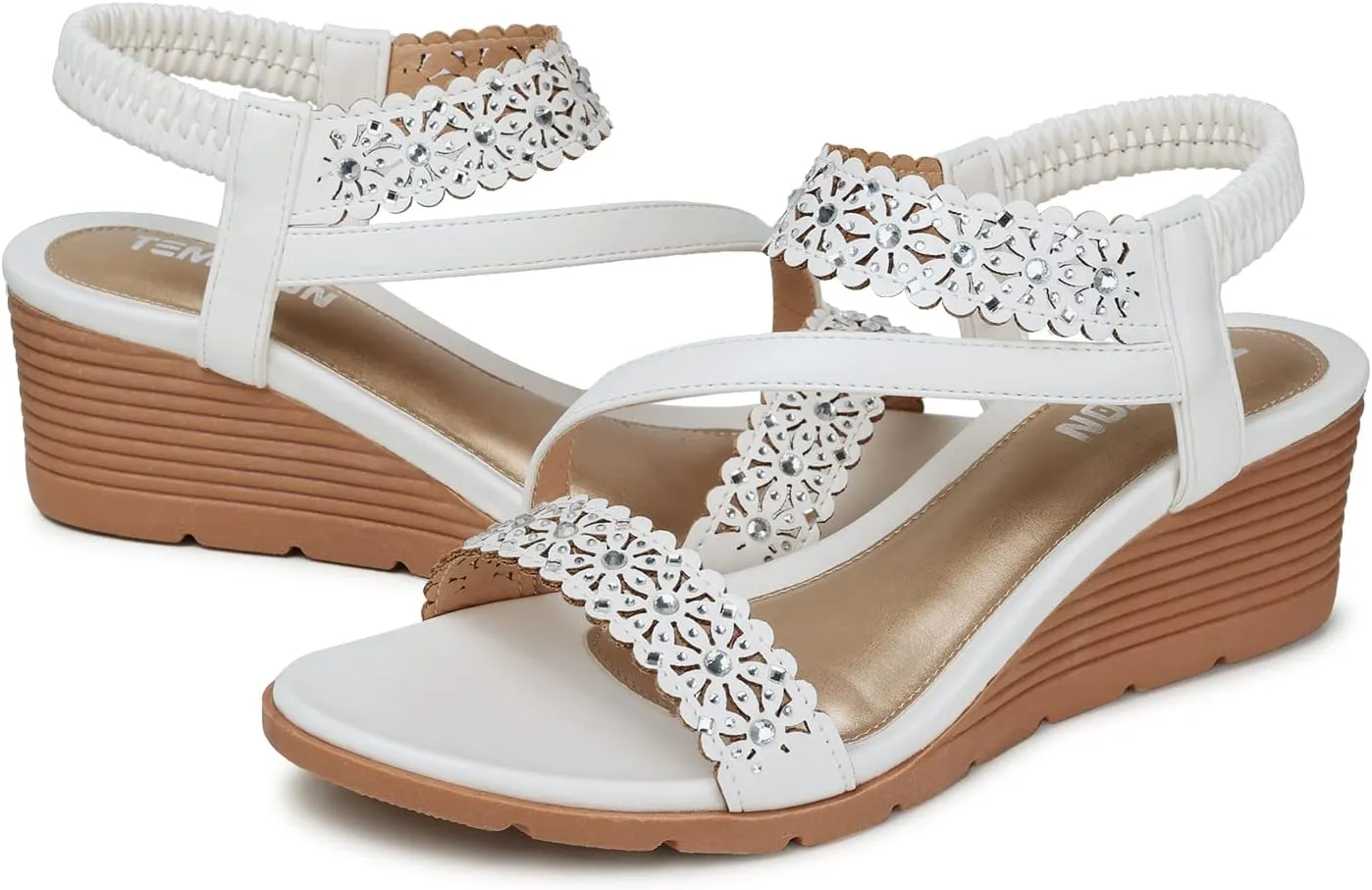 TEMOFON Wedge Sandals for Women Dressy: Summer Open Toe Elastic Ankle Strap - Comfortable Bohemian Low Wedge Sandals