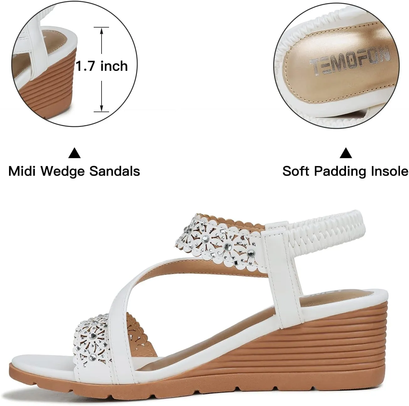 TEMOFON Wedge Sandals for Women Dressy: Summer Open Toe Elastic Ankle Strap - Comfortable Bohemian Low Wedge Sandals