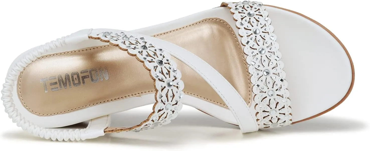 TEMOFON Wedge Sandals for Women Dressy: Summer Open Toe Elastic Ankle Strap - Comfortable Bohemian Low Wedge Sandals