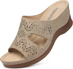 TEMOFON Women Wedge Sandals Summer: Comfortable Walking, Rubber Sole, Soft Leather, Dressy Casual Slip on Sandal Shoes Size 5-11