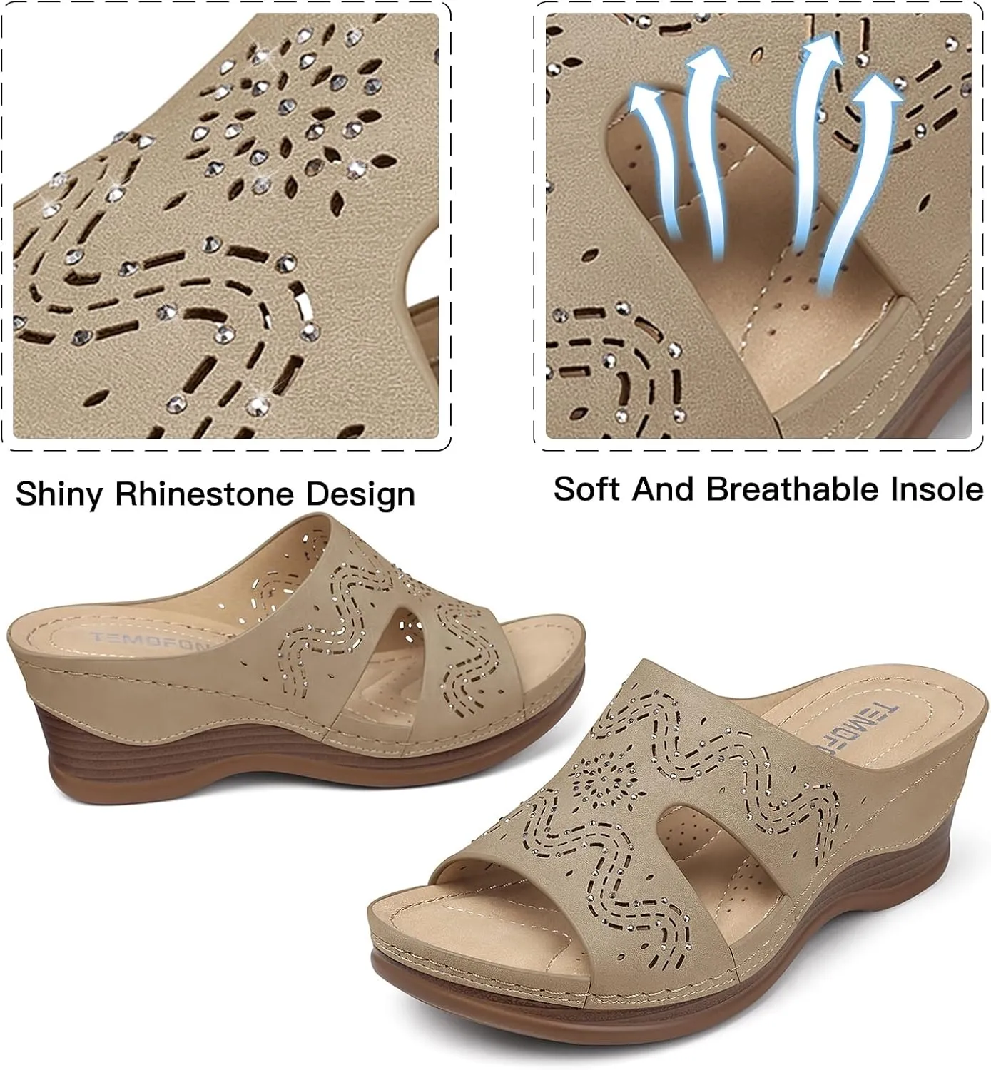TEMOFON Women Wedge Sandals Summer: Comfortable Walking, Rubber Sole, Soft Leather, Dressy Casual Slip on Sandal Shoes Size 5-11