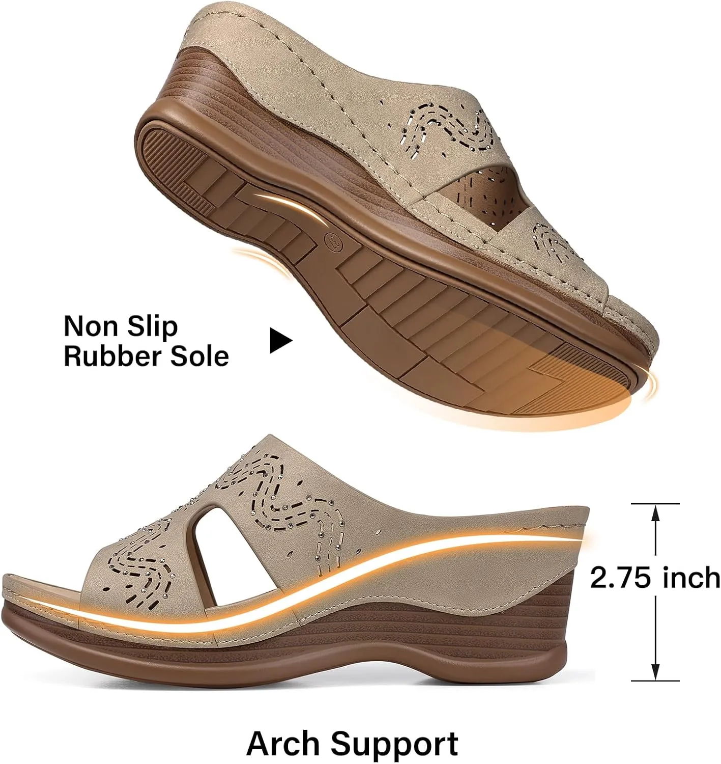 TEMOFON Women Wedge Sandals Summer: Comfortable Walking, Rubber Sole, Soft Leather, Dressy Casual Slip on Sandal Shoes Size 5-11