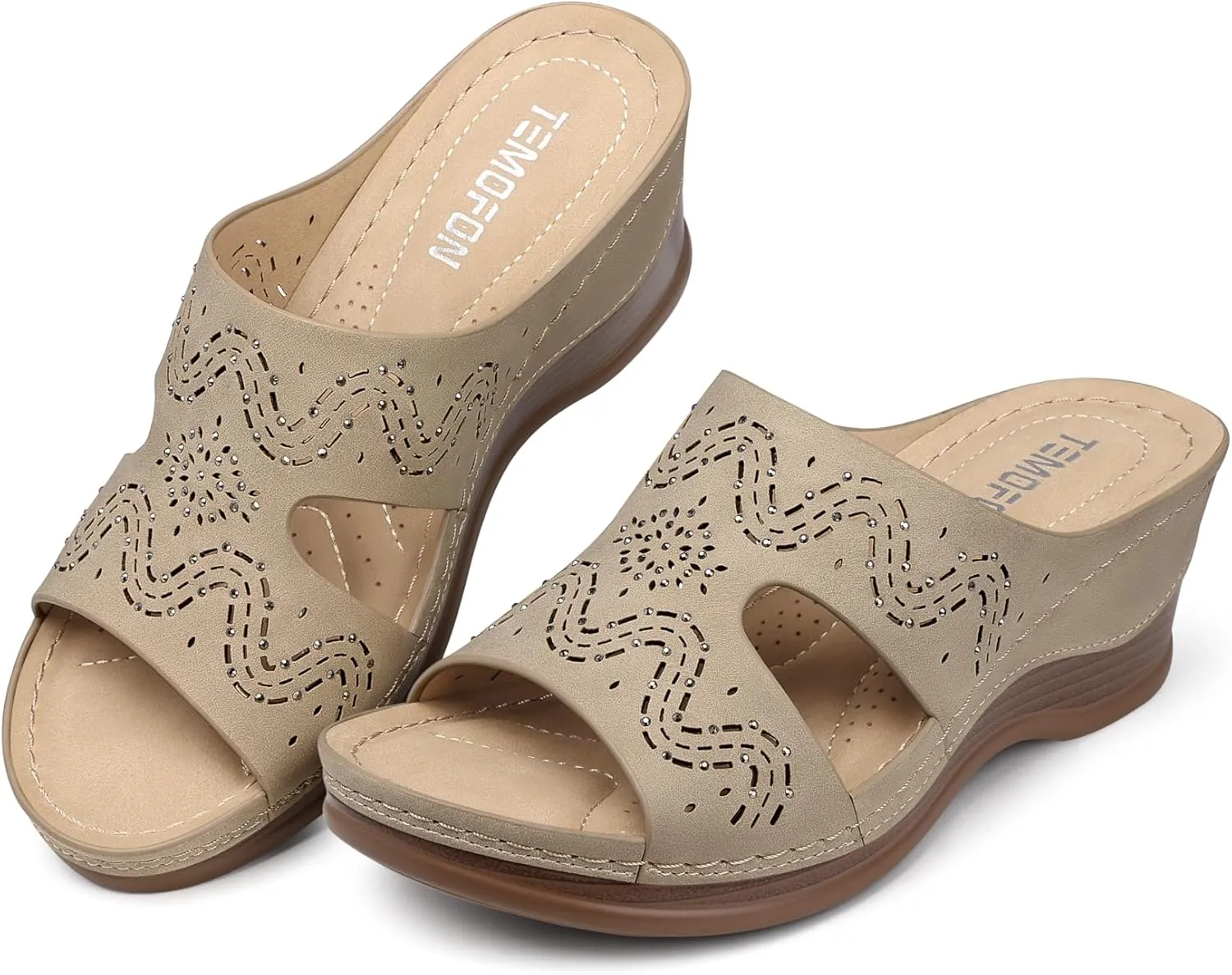 TEMOFON Women Wedge Sandals Summer: Comfortable Walking, Rubber Sole, Soft Leather, Dressy Casual Slip on Sandal Shoes Size 5-11