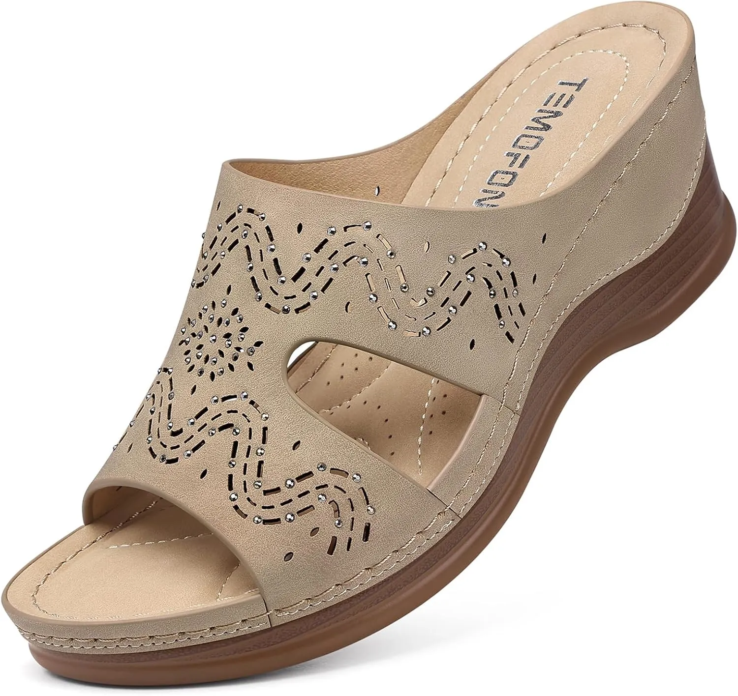 TEMOFON Women Wedge Sandals Summer: Comfortable Walking, Rubber Sole, Soft Leather, Dressy Casual Slip on Sandal Shoes Size 5-11