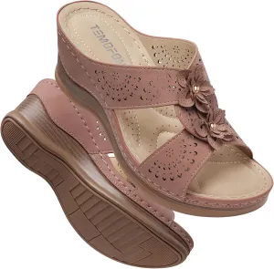 TEMOFON Womens Wedge Sandals Leather: Dressy Sandal, Rubber Sole, Comfortable Walking, Casual Slip on Summer Shoes, Size 5-11