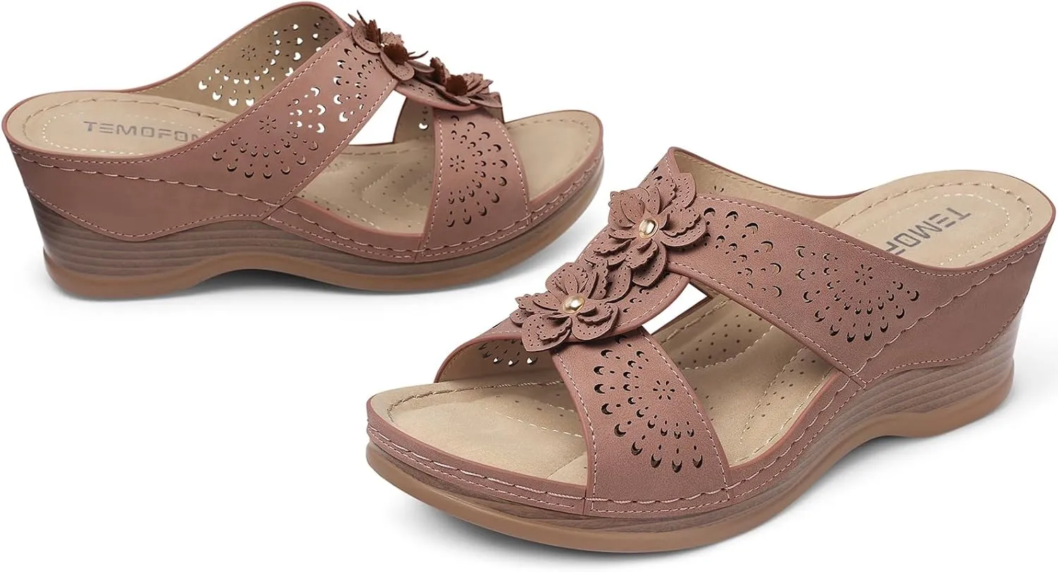 TEMOFON Womens Wedge Sandals Leather: Dressy Sandal, Rubber Sole, Comfortable Walking, Casual Slip on Summer Shoes, Size 5-11