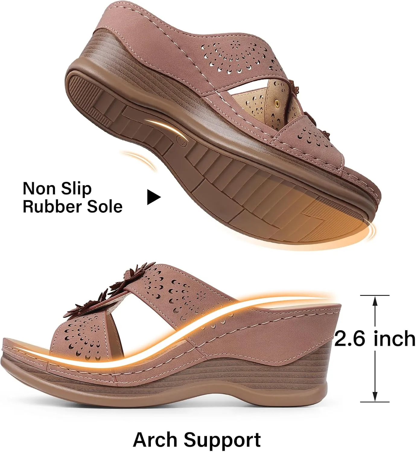 TEMOFON Womens Wedge Sandals Leather: Dressy Sandal, Rubber Sole, Comfortable Walking, Casual Slip on Summer Shoes, Size 5-11