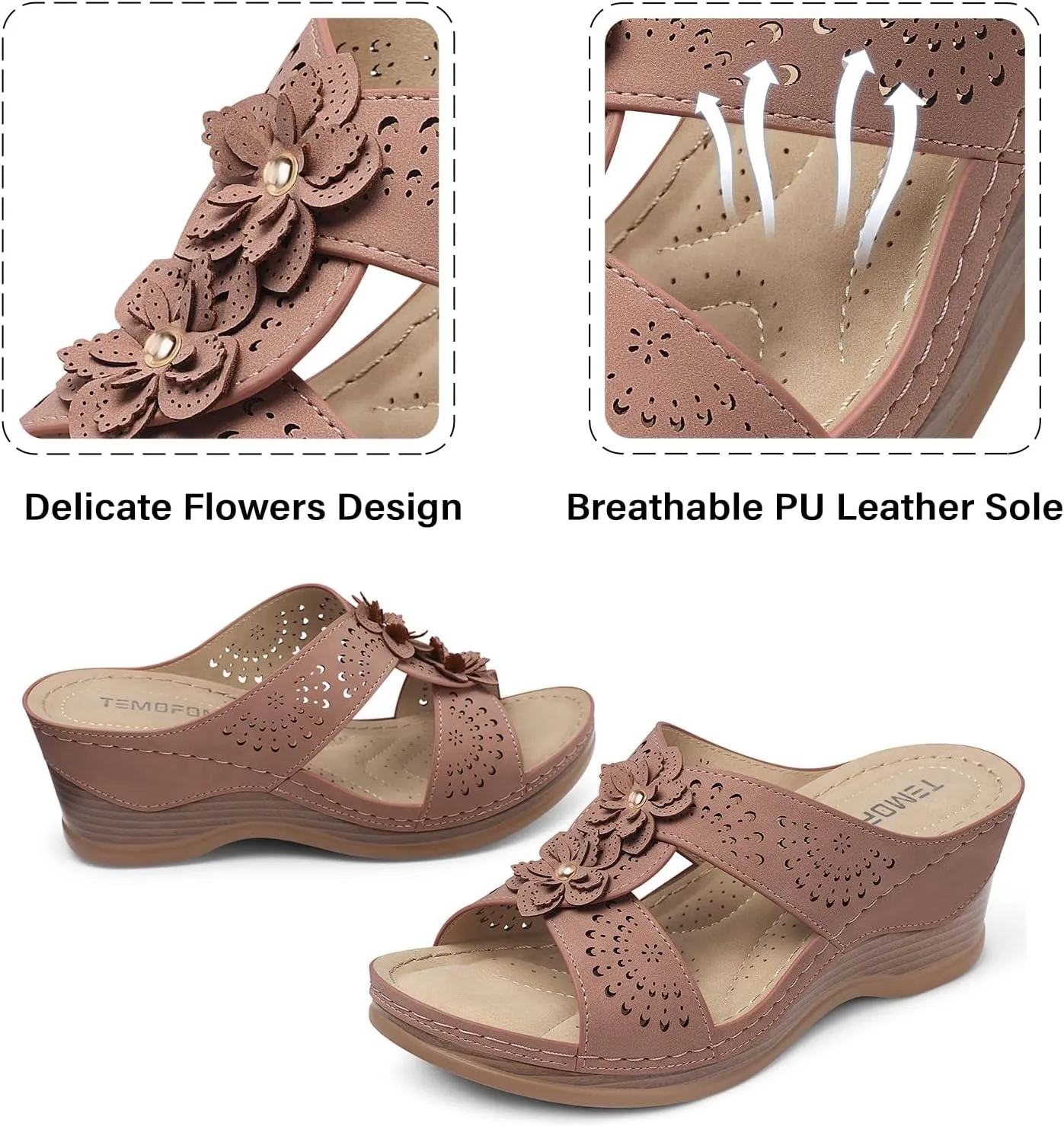 TEMOFON Womens Wedge Sandals Leather: Dressy Sandal, Rubber Sole, Comfortable Walking, Casual Slip on Summer Shoes, Size 5-11