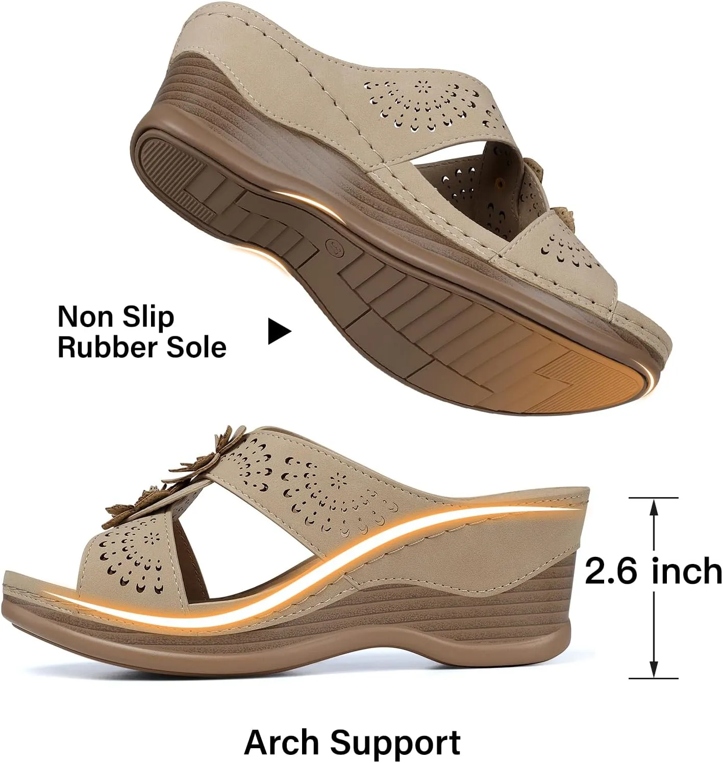 TEMOFON Womens Wedge Sandals Leather: Dressy Sandal, Rubber Sole, Comfortable Walking, Casual Slip on Summer Shoes, Size 5-11
