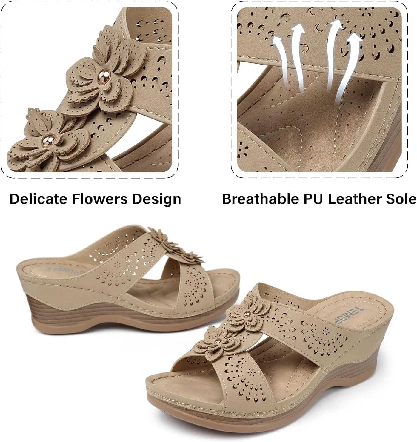 TEMOFON Womens Wedge Sandals Leather: Dressy Sandal, Rubber Sole, Comfortable Walking, Casual Slip on Summer Shoes, Size 5-11