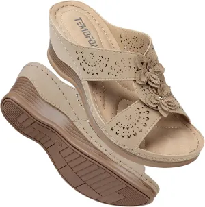 TEMOFON Womens Wedge Sandals Leather: Dressy Sandal, Rubber Sole, Comfortable Walking, Casual Slip on Summer Shoes, Size 5-11
