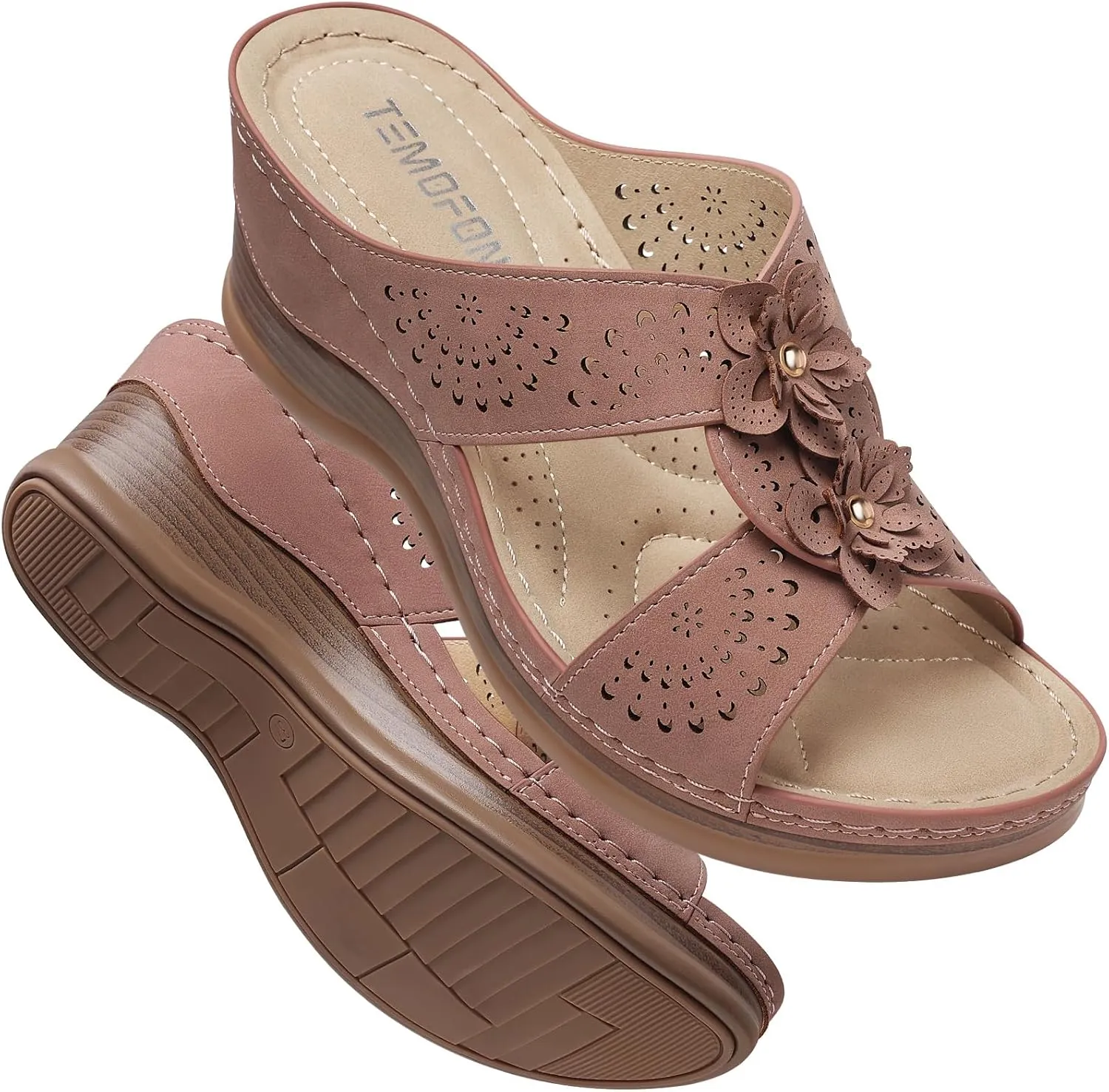 TEMOFON Womens Wedge Sandals Leather: Dressy Sandal, Rubber Sole, Comfortable Walking, Casual Slip on Summer Shoes, Size 5-11