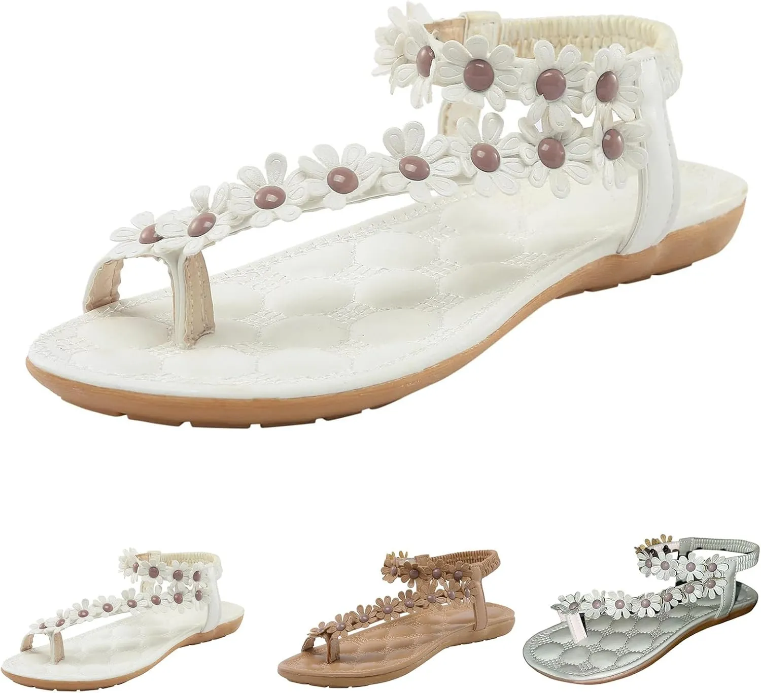 Thong Sandals for Women Beach Summer Dressy Comfortable Flat Sandals Ladies Elegant Solid Color Flowers Flip Flops Adjustable Back Ankle Strap Flip-Flop Thong Shoes