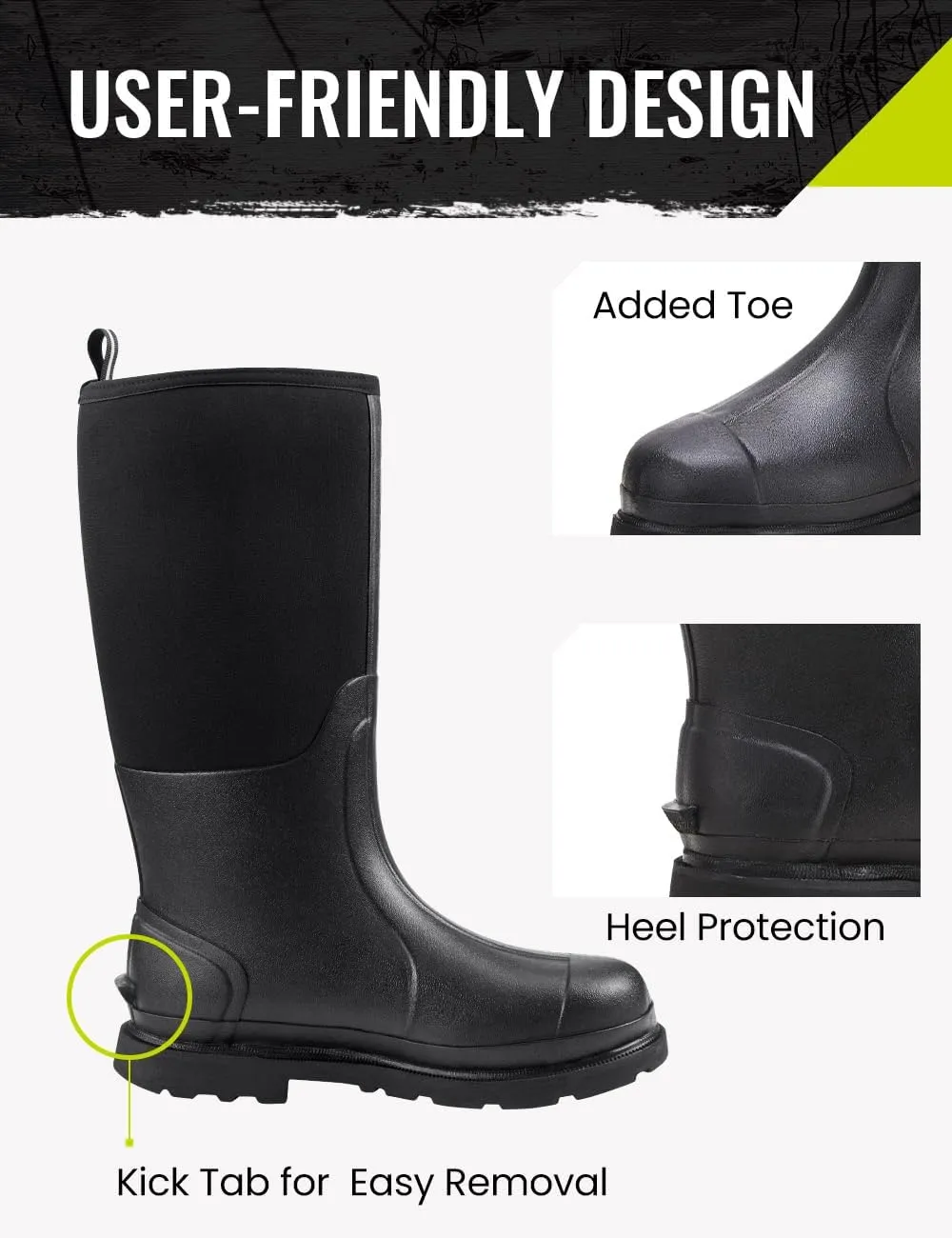 TIDEWE Rubber Work Boot for Men with Steel Shank, Waterproof Anti Slip Hunting Boot, Warm 6mm Neoprene Hunting Mud Boot, Sturdy Black Rubber Boot for Farming, Gardening, Fishing, Size 6-14