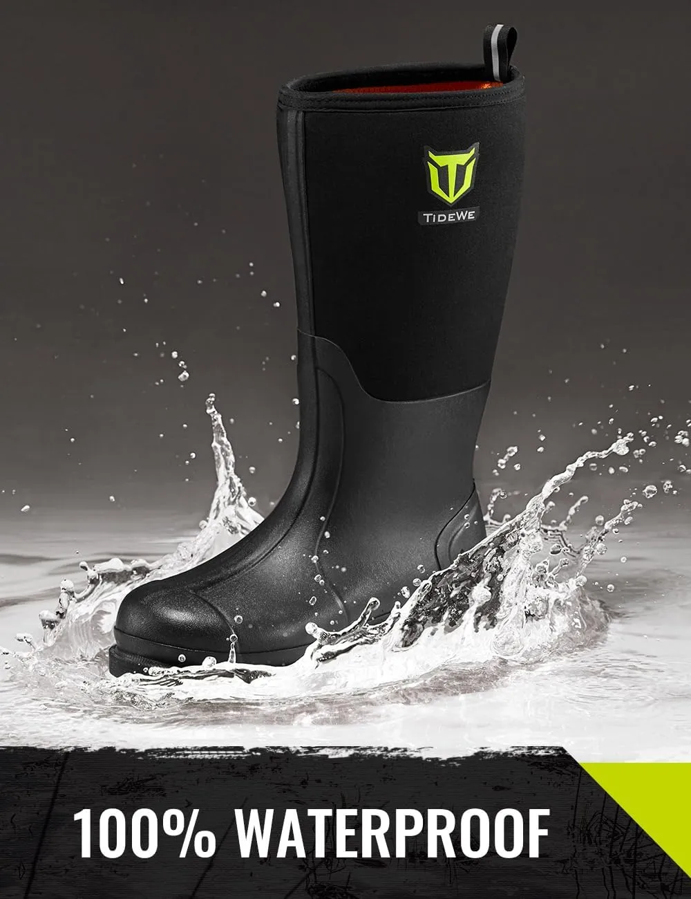 TIDEWE Rubber Work Boot for Men with Steel Shank, Waterproof Anti Slip Hunting Boot, Warm 6mm Neoprene Hunting Mud Boot, Sturdy Black Rubber Boot for Farming, Gardening, Fishing, Size 6-14