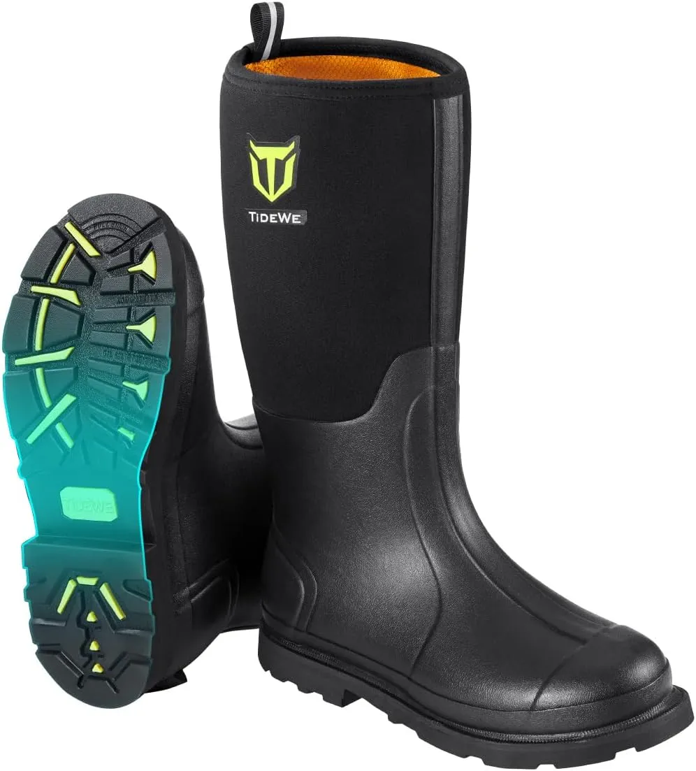 TIDEWE Rubber Work Boot for Men with Steel Shank, Waterproof Anti Slip Hunting Boot, Warm 6mm Neoprene Hunting Mud Boot, Sturdy Black Rubber Boot for Farming, Gardening, Fishing, Size 6-14