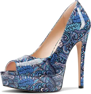 TNYNFBEB Peep Open Toe Stiletto High Platform Heel Pumps Slip-on Prom Party Dress Patent Leather 5.3 Inches Heels
