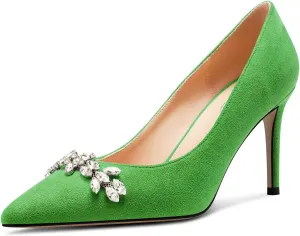 TNYNFBEB Womens Mid Heel Pointed Toe Pumps Slip-on Rhinestone Crystal Prom Wedding Summer Basic Classic Cute 3.2 Inches Heels