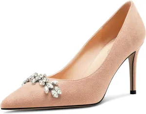 TNYNFBEB Womens Mid Heel Pointed Toe Pumps Slip-on Rhinestone Crystal Prom Wedding Summer Basic Classic Cute 3.2 Inches Heels