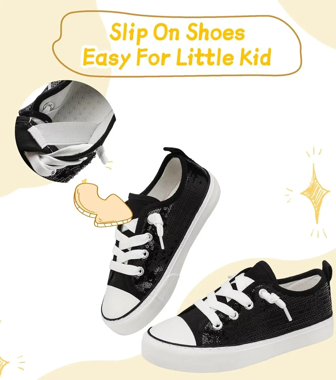 Toddler Kids Canvas Sneakers Sparkle Glitter Sequins Shoes Slip On Soft and Durable