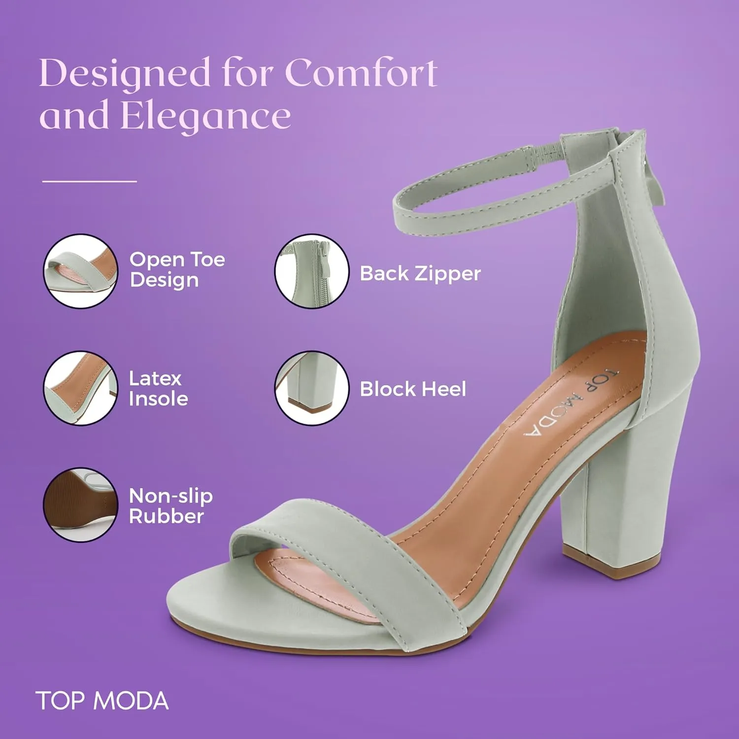 TOP MODA Hannah-1 Ankle Strap Dressy High Heel Sandal, Non-slip Sole, For Wedding, Party, Prom, Evening Wear, or Any Occasion, Sleek Style Block Heel Sandals