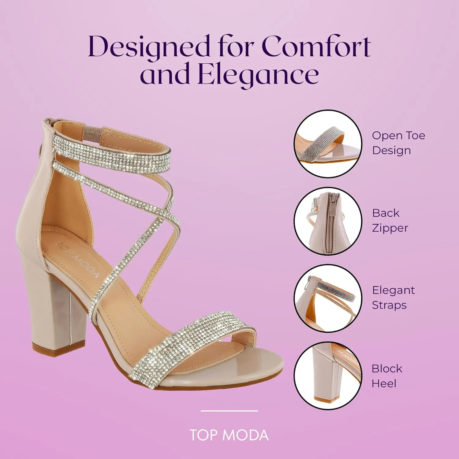 TOP Moda Rosa-66 Ankle Strap Dressy High Heel Sandal, Non-slip Sole, For Wedding, Party, Prom, Evening Wear, or Any Occasion, Sleek Style Block Heel Sandals
