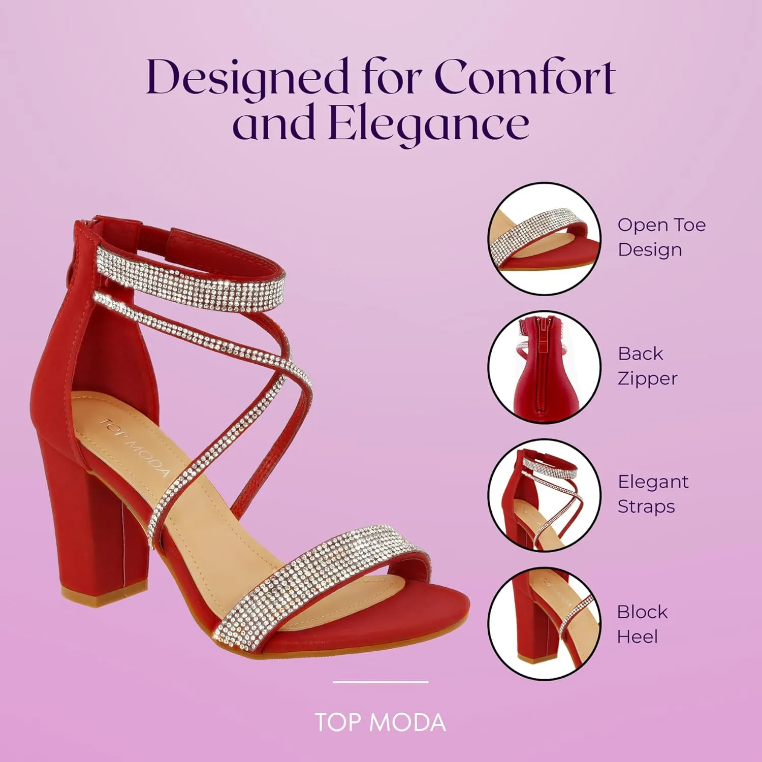 TOP Moda Rosa-66 Ankle Strap Dressy High Heel Sandal, Non-slip Sole, For Wedding, Party, Prom, Evening Wear, or Any Occasion, Sleek Style Block Heel Sandals