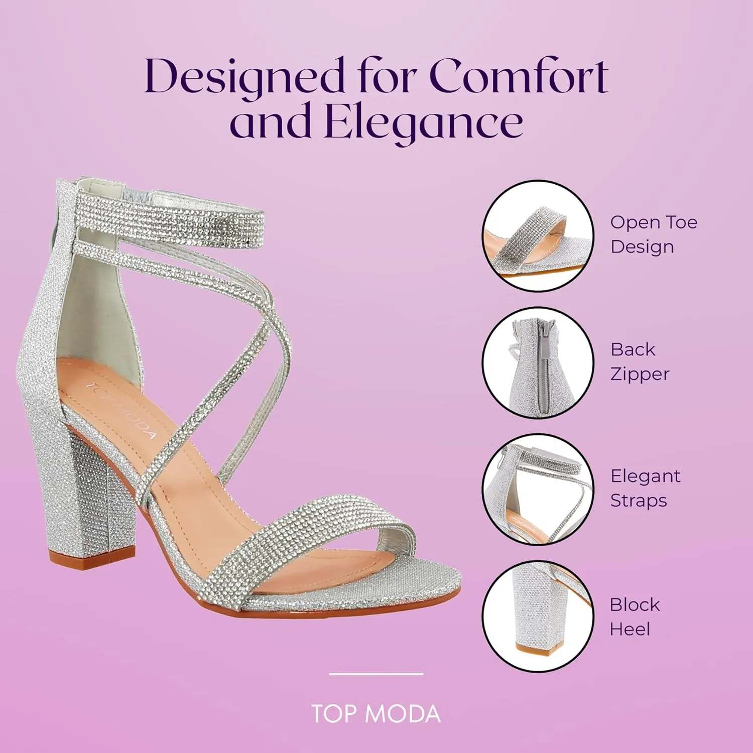 TOP Moda Rosa-66 Ankle Strap Dressy High Heel Sandal, Non-slip Sole, For Wedding, Party, Prom, Evening Wear, or Any Occasion, Sleek Style Block Heel Sandals