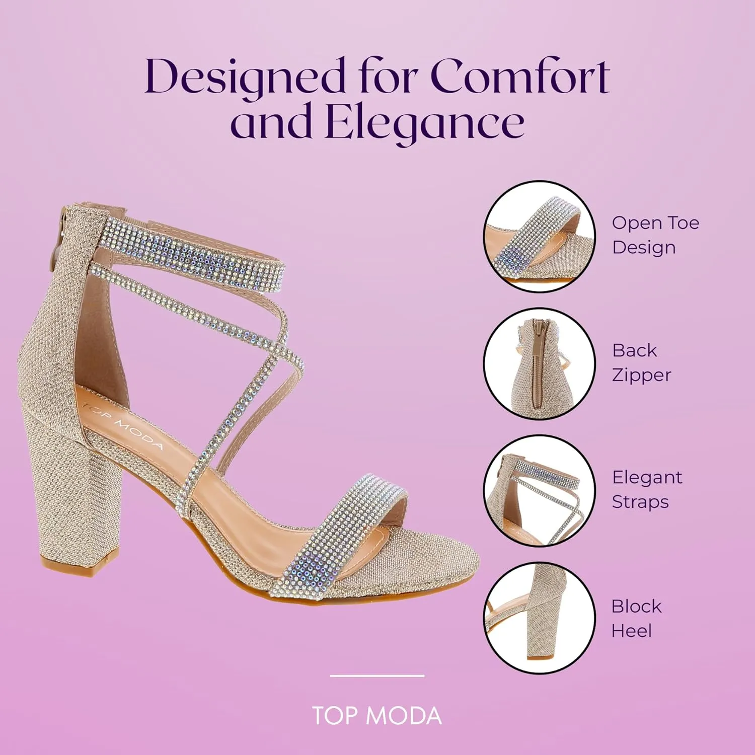 TOP Moda Rosa-66 Ankle Strap Dressy High Heel Sandal, Non-slip Sole, For Wedding, Party, Prom, Evening Wear, or Any Occasion, Sleek Style Block Heel Sandals