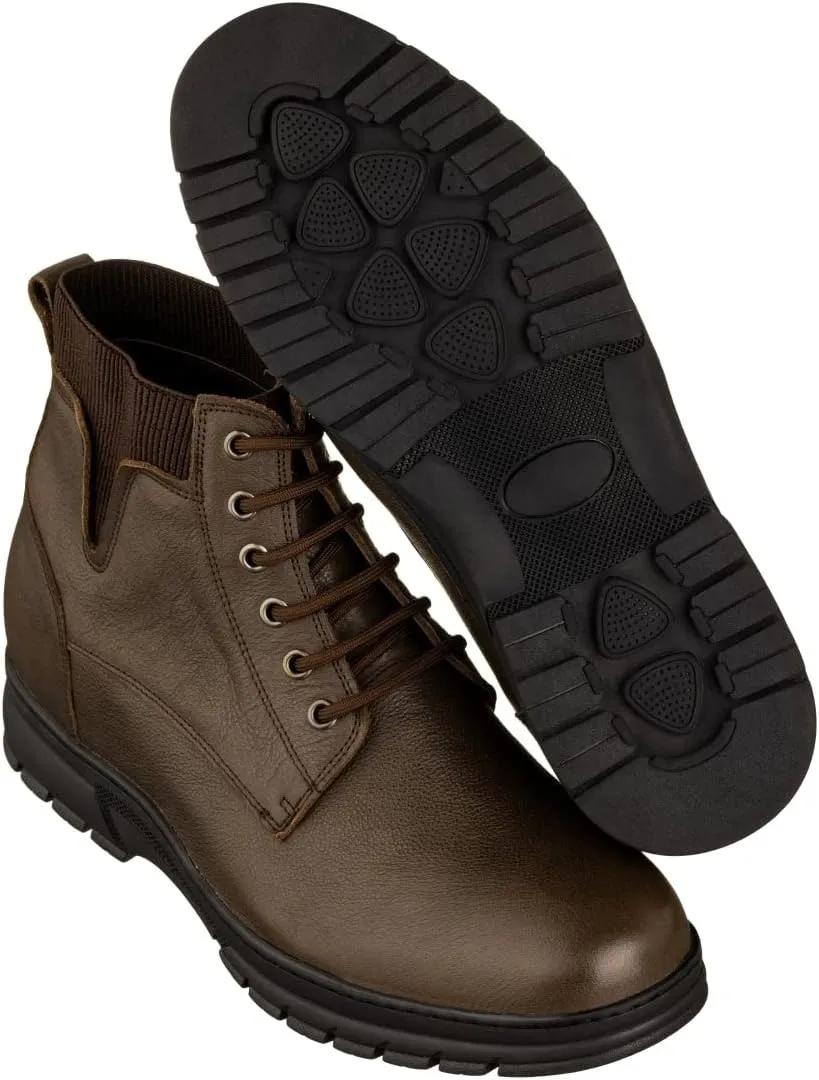 TOTO Men's Invisible Height Increasing Elevator Shoes - Chocolate Brown Pebble Grain Leather Lace-up Work Boots - 2.8 Inches Taller - K84016 - Size 8 D(M) US
