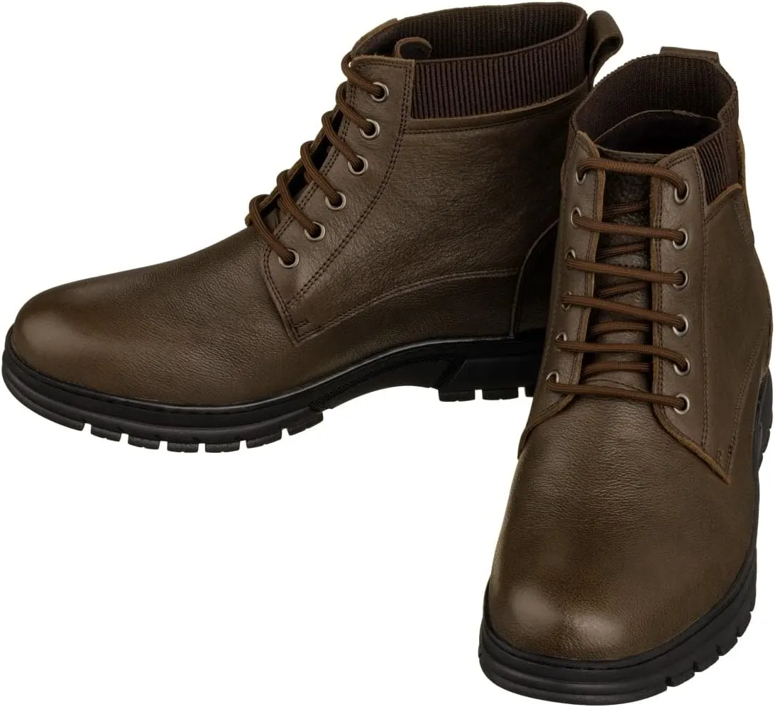 TOTO Men's Invisible Height Increasing Elevator Shoes - Chocolate Brown Pebble Grain Leather Lace-up Work Boots - 2.8 Inches Taller - K84016 - Size 8 D(M) US