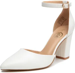 Trary Women's Pointed Toe Pumps,Ankle Strap Buckle Closed Toe Chunky Block Heel Pumps,Dress Office Wedding Party Shoes for Women