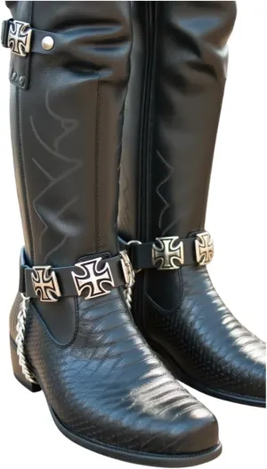 TrendyFashionJewelry Men's Biker Boot Bracelet Straps – Black Faux Leather with Silver Chain and Cross Charms – Pair
