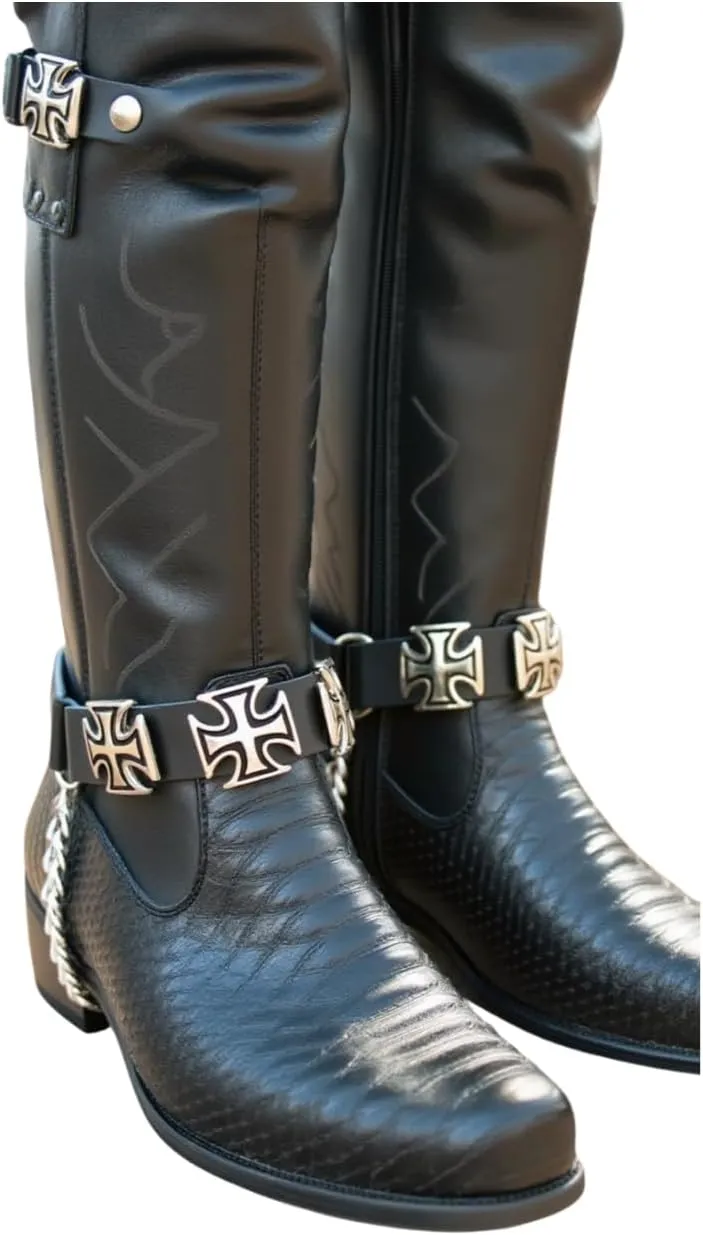TrendyFashionJewelry Men's Biker Boot Bracelet Straps – Black Faux Leather with Silver Chain and Cross Charms – Pair