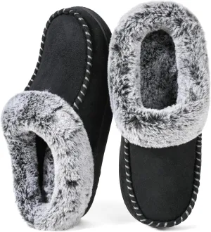 ULTRAIDEAS Women's Memory Foam House Slippers with Hard Bottom, Fur Lined House Shoes with Non-Slip Rubber Sole for Indoor & Outdoor