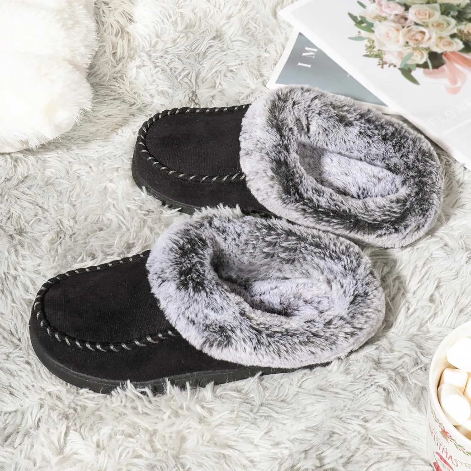 ULTRAIDEAS Women's Memory Foam House Slippers with Hard Bottom, Fur Lined House Shoes with Non-Slip Rubber Sole for Indoor & Outdoor
