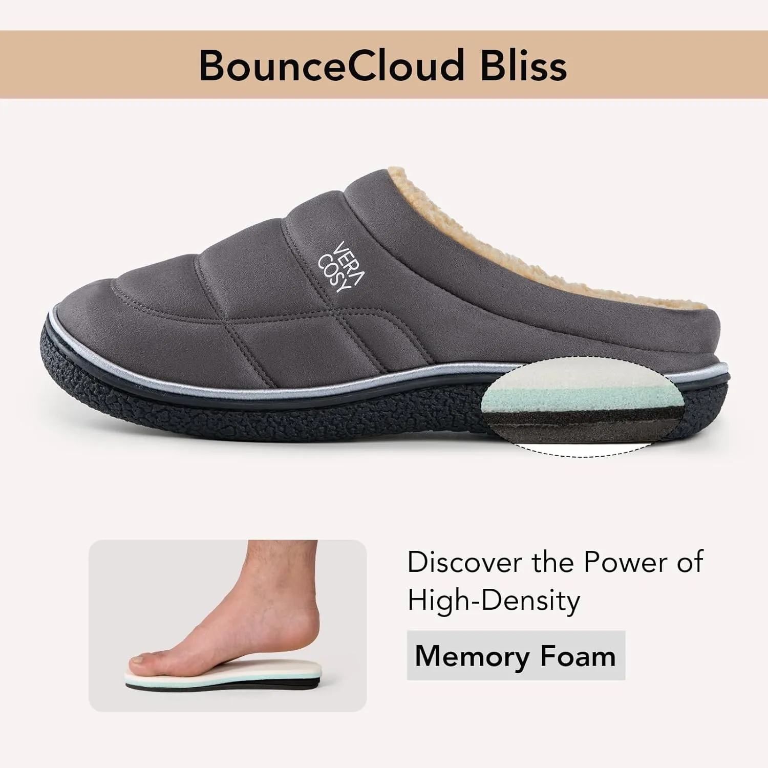 VeraCosy Men's Quilted Slip-on Slippers Technical-cloth Soft Fuzzy Comfy Non-slip Campground Style House Shoes
