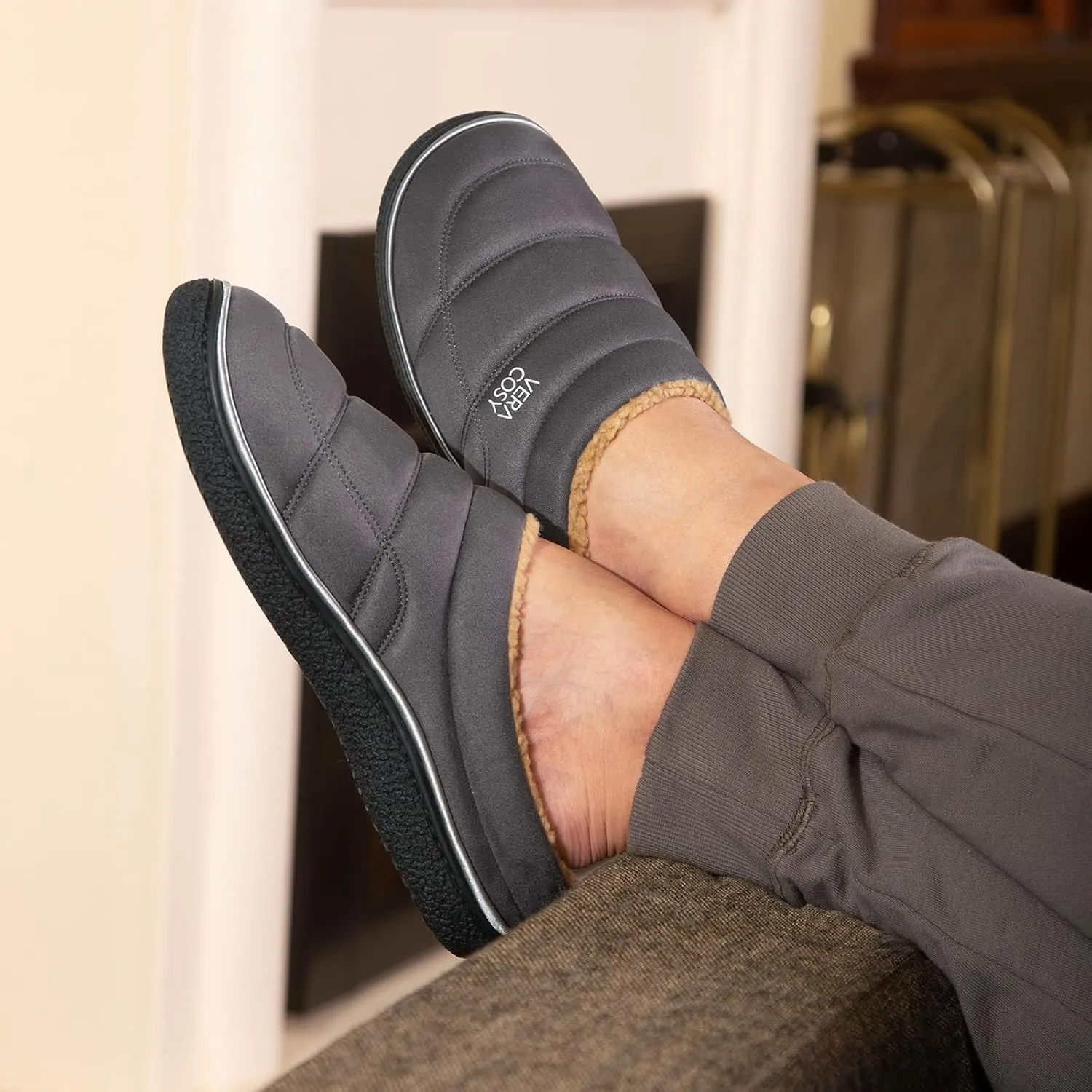VeraCosy Men's Quilted Slip-on Slippers Technical-cloth Soft Fuzzy Comfy Non-slip Campground Style House Shoes