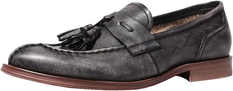 Vintage Tassel Loafers， Mens Manual Slip-On Urban Walking Moccasin Comfortable Leather Shoes,Black- 41/UK 7.5/US 8