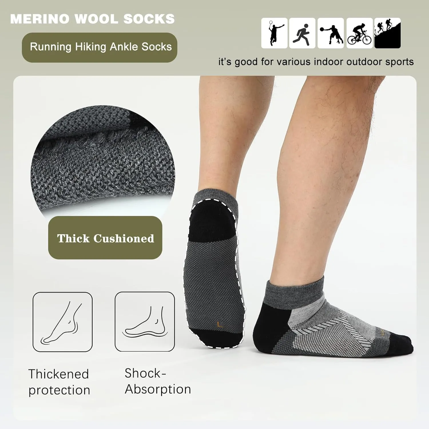 WANDER Merino Wool Breathable Running Socks 3 Pairs Athletic Ankle Sock Cushioned Support Thermal Low Cut Hiking Socks