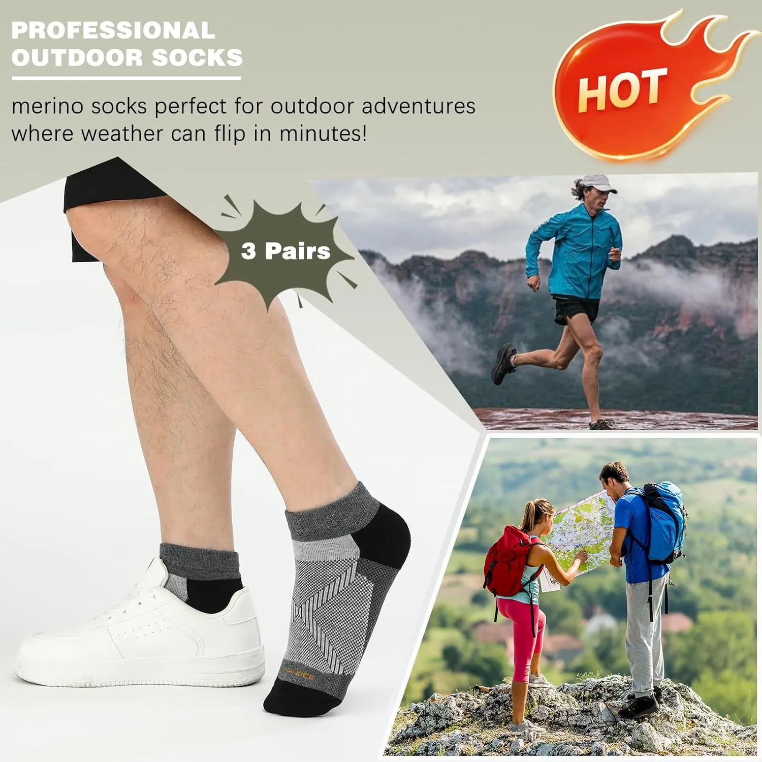 WANDER Merino Wool Breathable Running Socks 3 Pairs Athletic Ankle Sock Cushioned Support Thermal Low Cut Hiking Socks