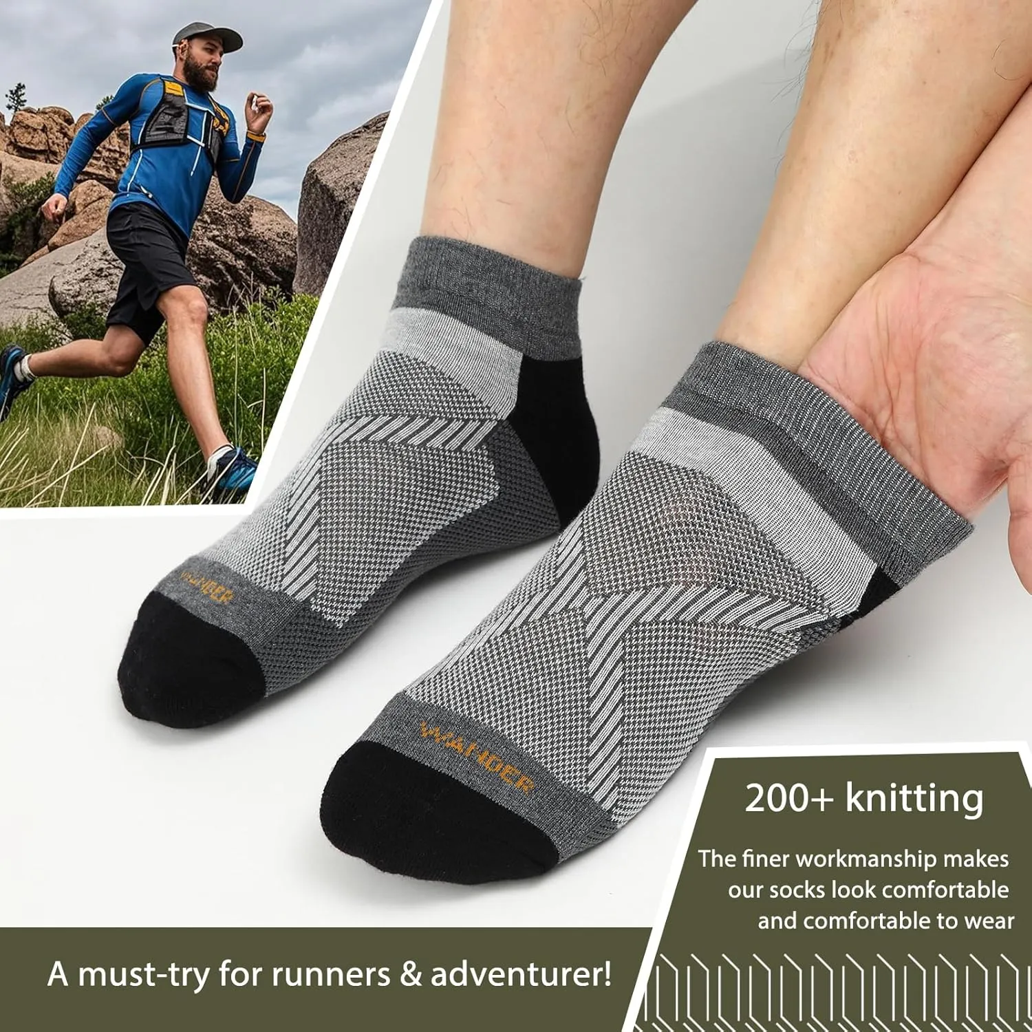 WANDER Merino Wool Breathable Running Socks 3 Pairs Athletic Ankle Sock Cushioned Support Thermal Low Cut Hiking Socks