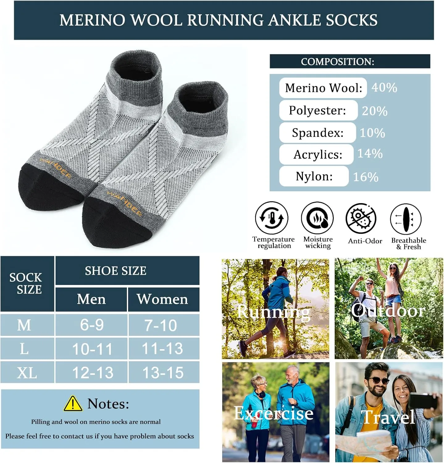 WANDER Merino Wool Breathable Running Socks 3 Pairs Athletic Ankle Sock Cushioned Support Thermal Low Cut Hiking Socks