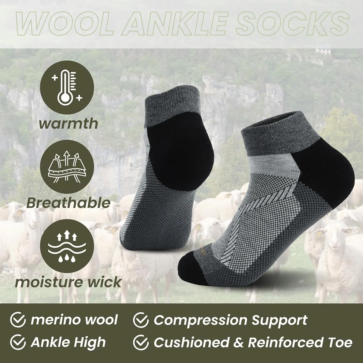 WANDER Merino Wool Breathable Running Socks 3 Pairs Athletic Ankle Sock Cushioned Support Thermal Low Cut Hiking Socks