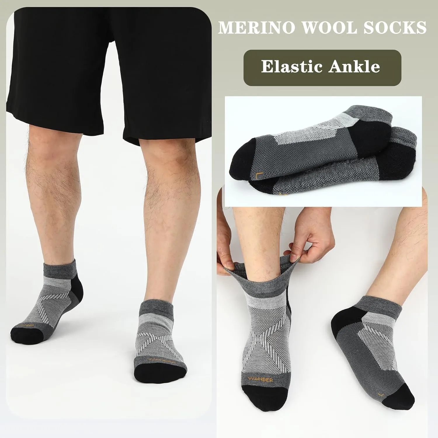 WANDER Merino Wool Breathable Running Socks 3 Pairs Athletic Ankle Sock Cushioned Support Thermal Low Cut Hiking Socks